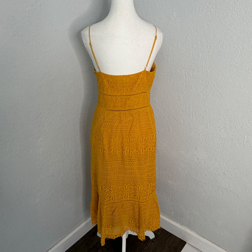 Lulus Mustard Yellow Lace Midi Dress Button Front Marigold Crochet Boho Size M - Picture 5 of 7